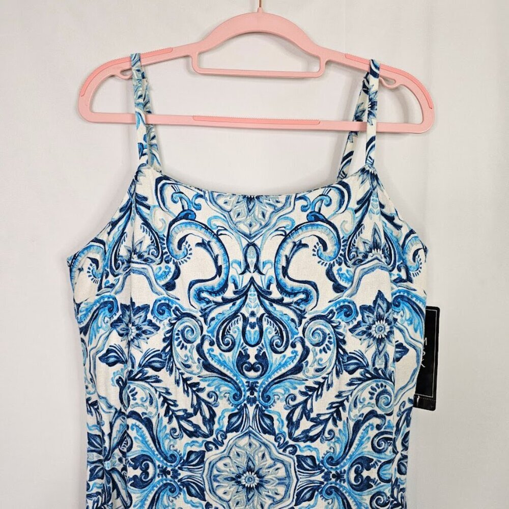 NWT MSK Linen Midi Dress size L 12-14 SPELLBOUND BLUE & WHITE FLORAL Summer Cute - Picture 3 of 12